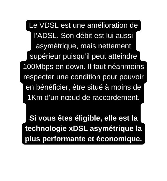 Le VDSL est une amélioration de l ADSL Son débit est lui aussi asymétrique mais nettement supérieur puisqu il peut atteindre 100Mbps en down Il faut néanmoins respecter une condition pour pouvoir en bénéficier être situé à moins de 1Km d un nœud de raccordement Si vous êtes éligible elle est la technologie xDSL asymétrique la plus performante et économique