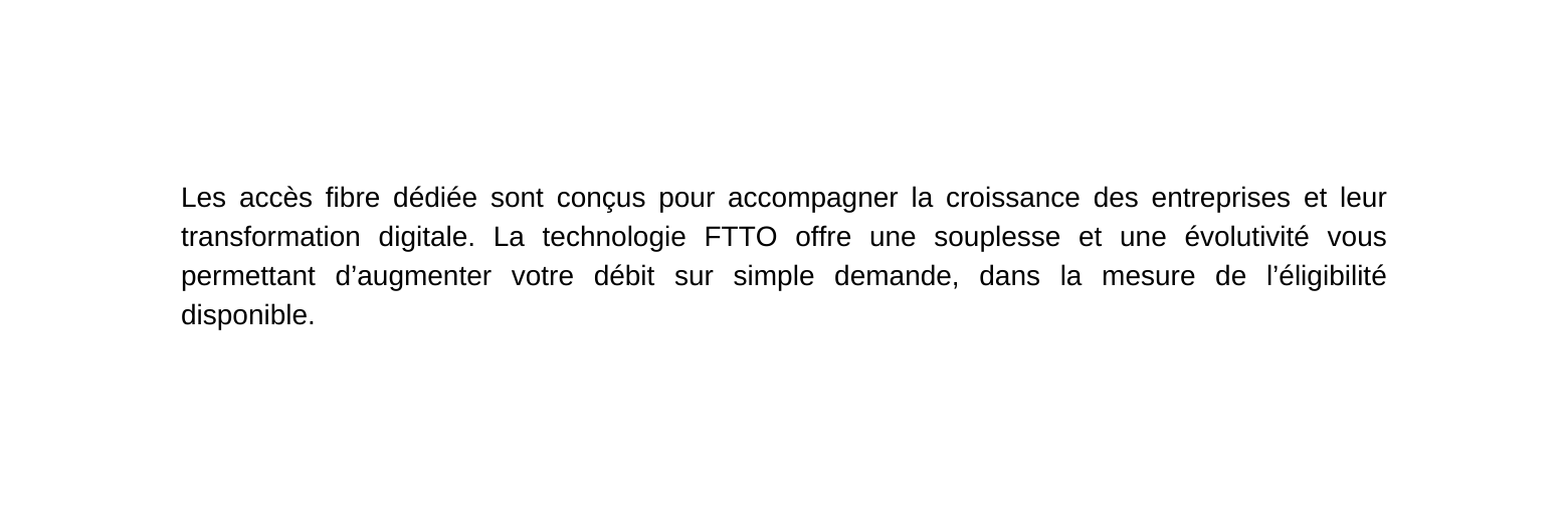 Les accès fibre dédiée sont conçus pour accompagner la croissance des entreprises et leur transformation digitale La technologie FTTO offre une souplesse et une évolutivité vous permettant d augmenter votre débit sur simple demande dans la mesure de l éligibilité disponible