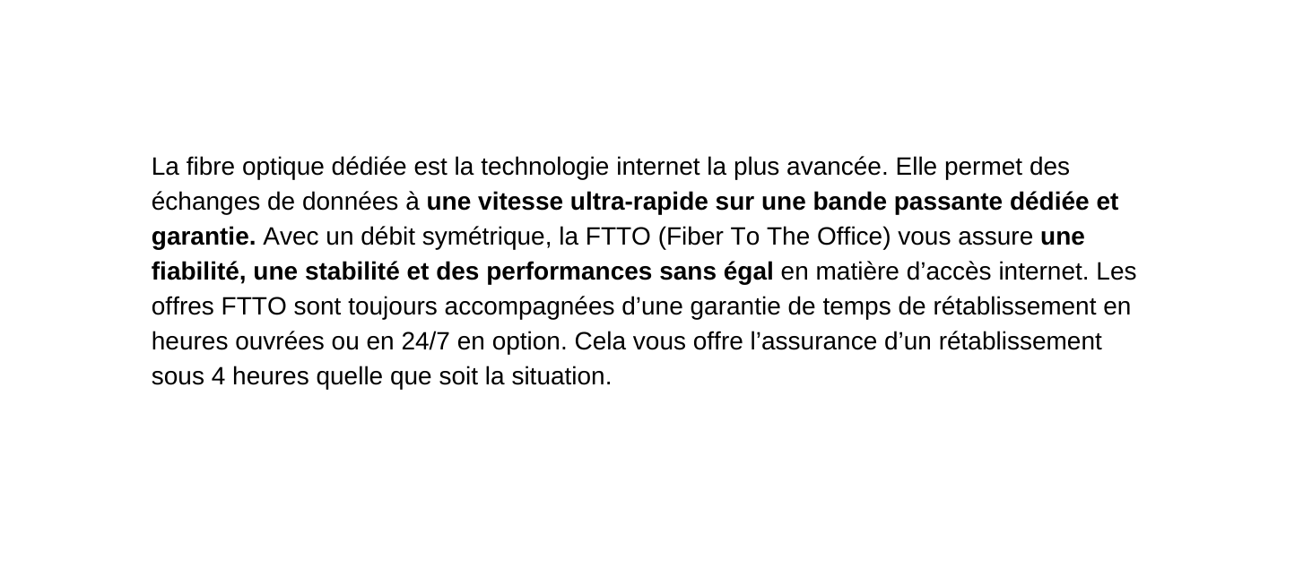 La fibre optique dédiée est la technologie internet la plus avancée Elle permet des échanges de données à une vitesse ultra rapide sur une bande passante dédiée et garantie Avec un débit symétrique la FTTO Fiber To The Office vous assure une fiabilité une stabilité et des performances sans égal en matière d accès internet Les offres FTTO sont toujours accompagnées d une garantie de temps de rétablissement en heures ouvrées ou en 24 7 en option Cela vous offre l assurance d un rétablissement sous 4 heures quelle que soit la situation