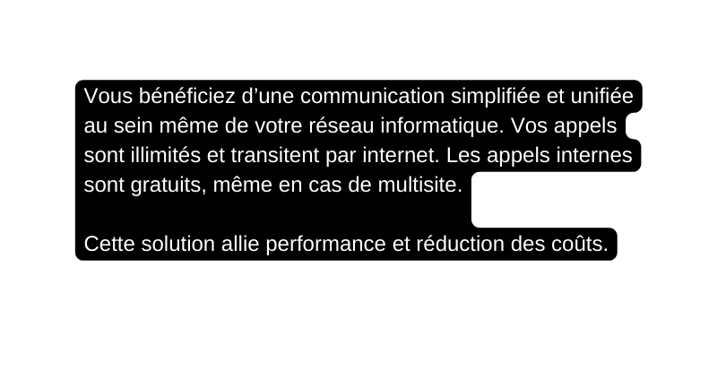 Vous bénéficiez d une communication simplifiée et unifiée au sein même de votre réseau informatique Vos appels sont illimités et transitent par internet Les appels internes sont gratuits même en cas de multisite Cette solution allie performance et réduction des coûts