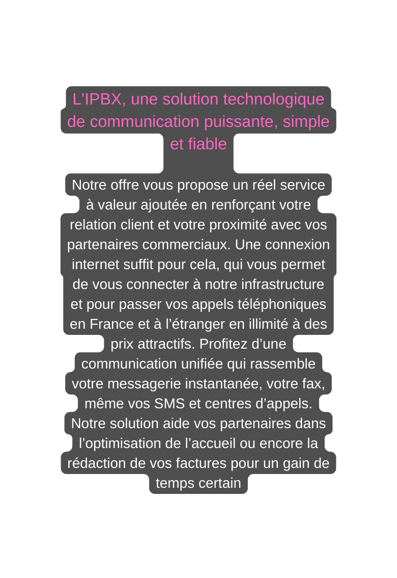 L IPBX une solution technologique de communication puissante simple et fiable Notre offre vous propose un réel service à valeur ajoutée en renforçant votre relation client et votre proximité avec vos partenaires commerciaux Une connexion internet suffit pour cela qui vous permet de vous connecter à notre infrastructure et pour passer vos appels téléphoniques en France et à l étranger en illimité à des prix attractifs Profitez d une communication unifiée qui rassemble votre messagerie instantanée votre fax même vos SMS et centres d appels Notre solution aide vos partenaires dans l optimisation de l accueil ou encore la rédaction de vos factures pour un gain de temps certain