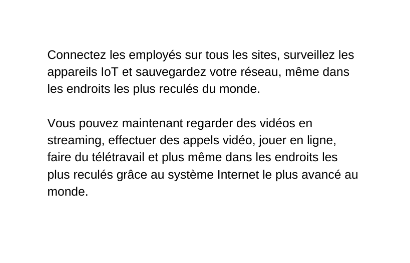 Connectez les employés sur tous les sites surveillez les appareils IoT et sauvegardez votre réseau même dans les endroits les plus reculés du monde Vous pouvez maintenant regarder des vidéos en streaming effectuer des appels vidéo jouer en ligne faire du télétravail et plus même dans les endroits les plus reculés grâce au système Internet le plus avancé au monde